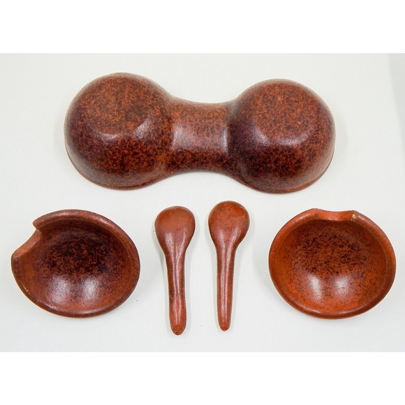 Glazed Clay Bird Motif Jelly Jam Condiment Set With Spoons Lids Primitive - Picture 5 of 8